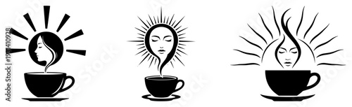Collection of coffee cup silhouettes with steam forming a woman face and radiant sun rays