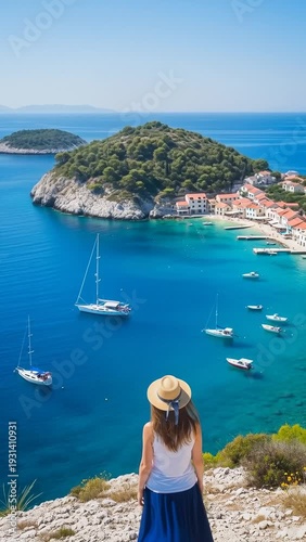 Woman in Hat Admiring Scenic Coastal Village and Sailing Boats From Hilltop