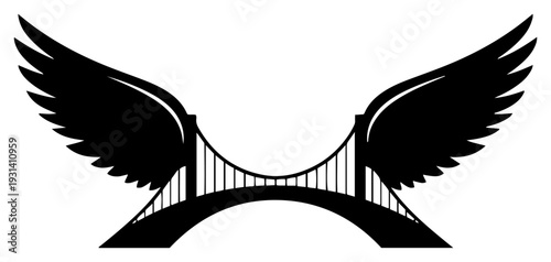 Suspension bridge silhouette combined with large eagle wings representing freedom of travel and connection