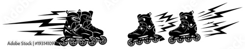Inline skates and rollerblades silhouettes with speed lines and lightning bolts indicating fast motion