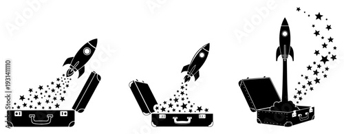 Rocket launching from open briefcase icon set, startup business and career success concept