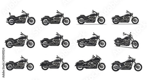 Collection of twelve vintage motorcycle illustrations in black and white.