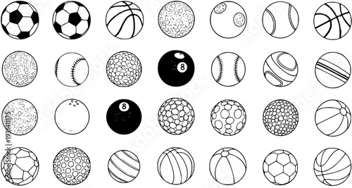 Variety of Sport Balls and Spheres: Soccer, Basketball, Baseball, Golf, Billiard, Beachball, Tennis, Bowling, and More. Black and White Vector Illustration.