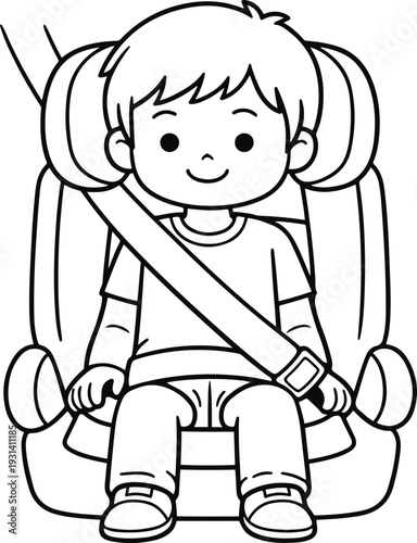 Cute Little Boy Sitting Safely in Car Seat with Seatbelt Cartoon Coloring Page Transportation Safety Outline Illustration for Kids