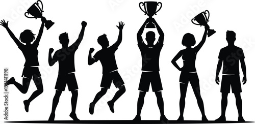 Silhouette of people celebrating with trophies in black and white