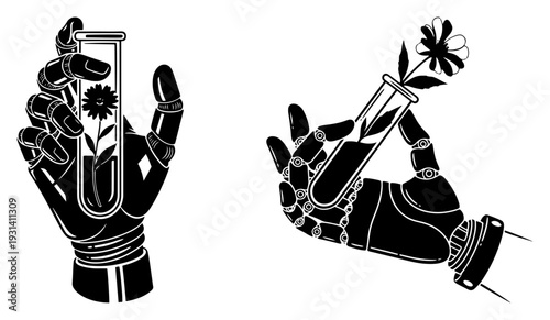 Robotic cyborg hand holding a scientific test tube with a growing flower inside