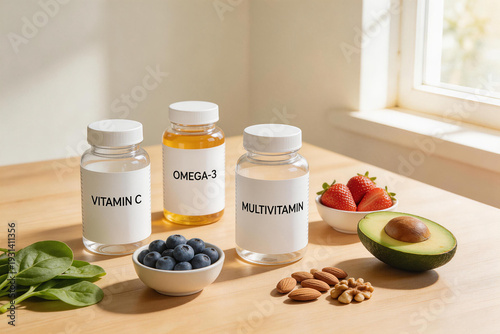 Three supplement bottles labeled Vitamin C, Omega-3, and Multivitamin sit on a wooden table beside various fresh fruits and nuts near a sunlit window.