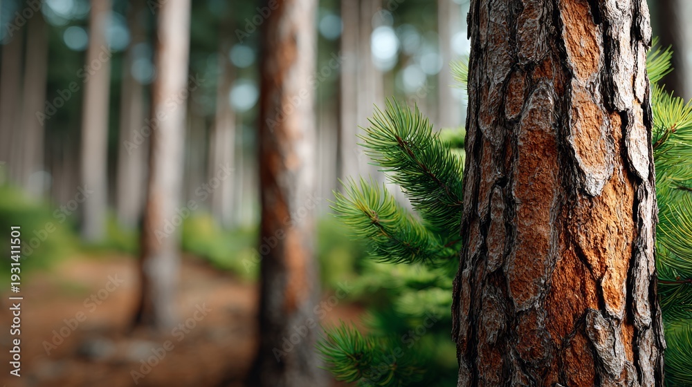 Obraz premium Close-up of a textured pine tree trunk with green pine needles in a blurred forest background, showcasing the natural beauty of a woodland environment