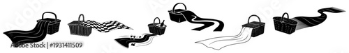 Collection of picnic baskets with blankets flowing out like winding paths in minimalist vector design