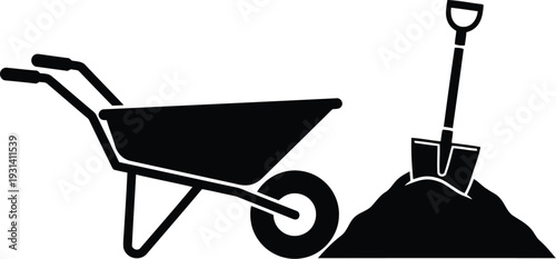 Landscaping Service Silhouette Featuring Industrial Wheelbarrow Heavy Duty Shovel and Pile of Excavated Soil for Gardening and Site Preparation