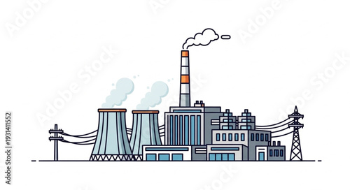 Industrial Power Plant with Smokestack.