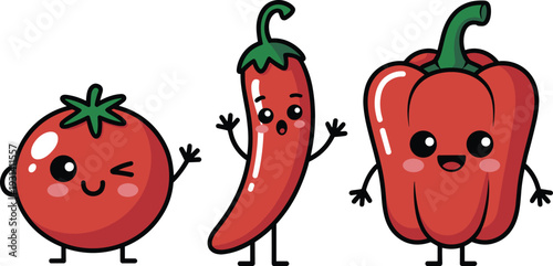 Three smiling cartoon vegetables with arms and faces tomato