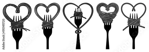 Fork silhouettes with spaghetti noodles twisted into heart shapes for food love