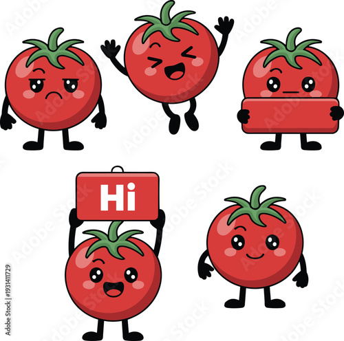 Five cartoon red tomatoes with faces and arms in different poses