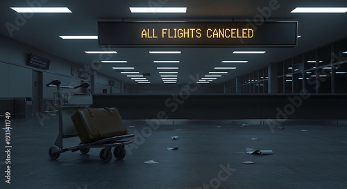 Airport terminal with luggage cart and 'ALL FLIGHTS CANCELED' sign illuminated