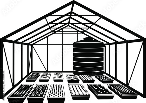 Modern Agricultural Greenhouse Silhouette Featuring Industrial Water Storage Tank and Seedling Propagation Trays for Commercial Nursery