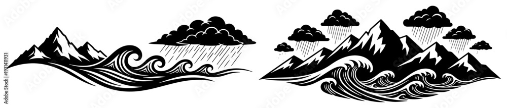 Fototapeta premium Dramatic mountain landscape with ocean waves and storm clouds with rain in black and white vector design
