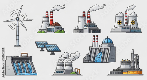 Collection of different types of power plants and energy sources.