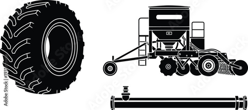 Agricultural Machinery and Equipment Vector Set: Tractor Tire, Seed Drill Planter, and Irrigation Pipe Silhouette.