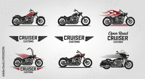 Collection of Cruiser Motorcycles and Emblems.