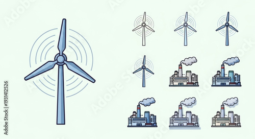 Wind Turbine and Factory Icons Representing Renewable Energy and Pollution.