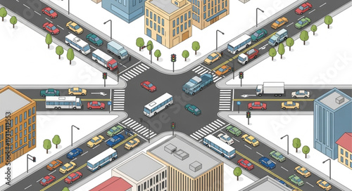 Isometric City Intersection with Traffic.