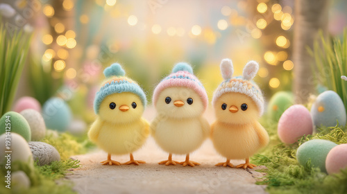 Three cute felted chicks standing among colorful eggs in spring  