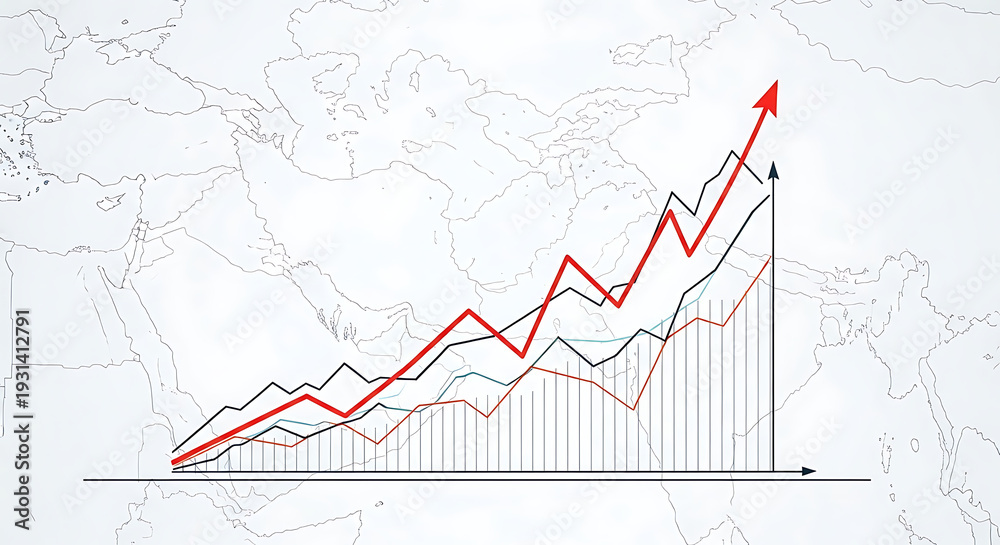 Obraz premium Financial chart showing a positive upward trend with a red arrow against a world map, symbolizing global market growth and investment success