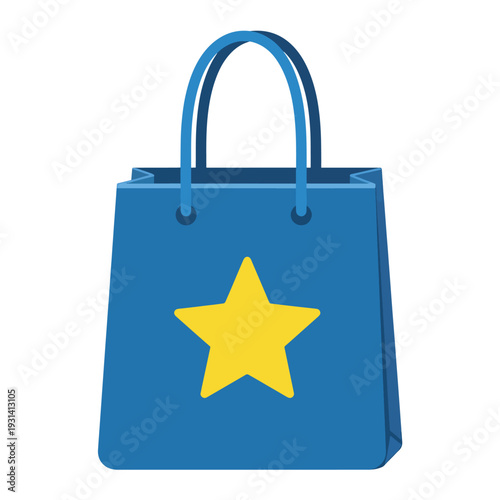 Vector illustration of a blue shopping bag with a yellow star on a plain background from a front viewpoint