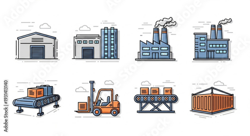 Industrial Warehouse Buildings and Equipment Icons.