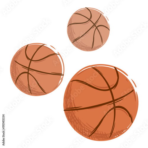 basketballs flat illustration sketch hand drawn. three balls active bouncing in the air for decoration