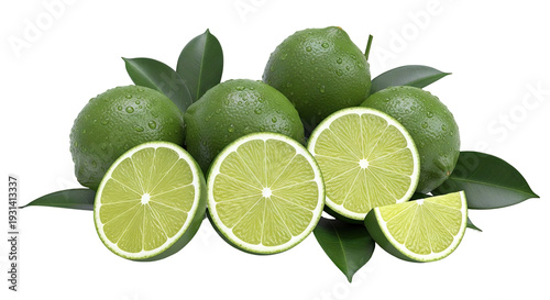 Fresh Limes with Water Droplets and Leaves