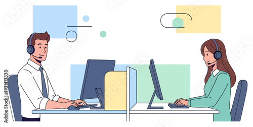 Customer Service Representatives with Headsets Working at Office Desks | Call Center Agents Providing Online Support and Technical Assistance | Flat Vector Illustration for Business Communication