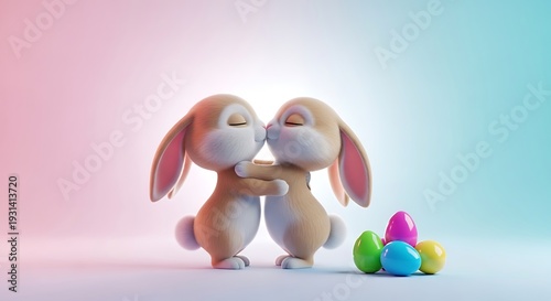 Two cuddly easter bunnies embracing with colorful eggs