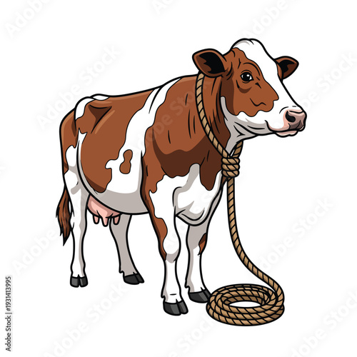 Vector illustration of a cow standing with a rope tied around its neck in a farm setting from a side view