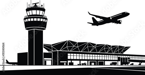 Black and white airport scene with air traffic control tower and airplane