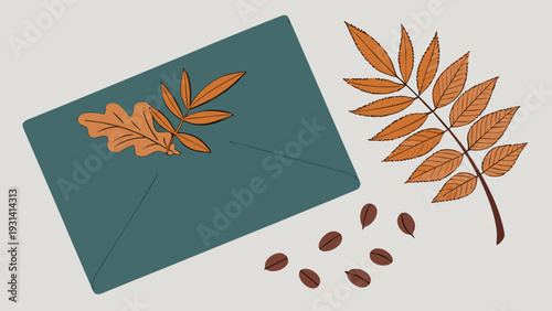 Autumnal flat lay with green notebook dried leaves and rose hips.