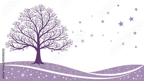 Bare Tree on Rolling Hills with Falling Stars.