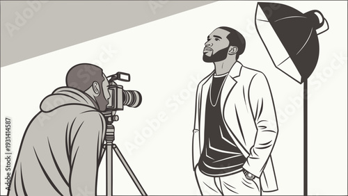 Professional photographer capturing a stylish man in a studio setting.