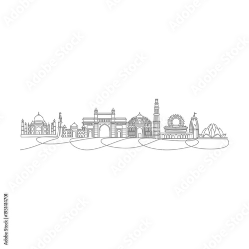 Indias iconic landmarks and monuments in a continuous line art drawing.