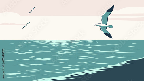Seagulls Soaring Over Serene Ocean Waters.