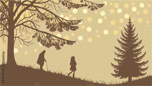 Silhouettes of an elderly person and a child walking on a hill with trees.