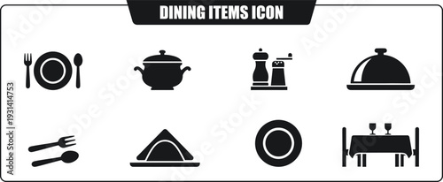 Dining items icon set for restaurant and food service