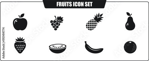 A set of eight fruit icons in black and white