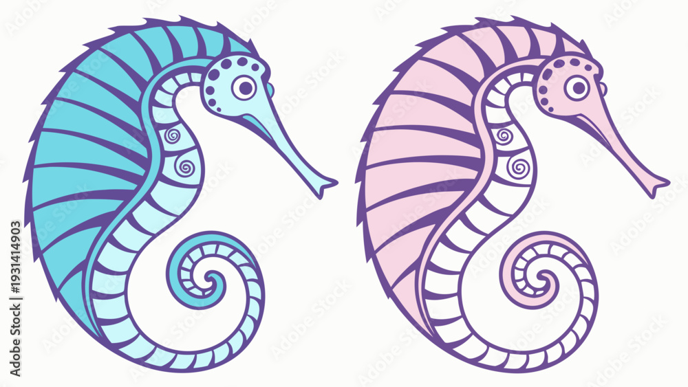 Obraz premium Two colorful seahorses swimming together in the ocean.