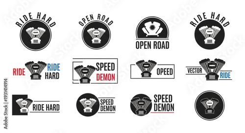 Motorcycle Engine Emblem Set Vintage Style Graphics.