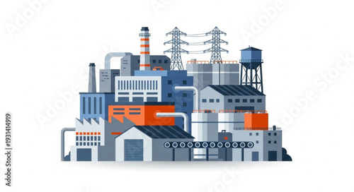 Modern industrial factory complex with power lines and water tower.