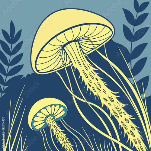 Two vibrant jellyfish swimming gracefully in the deep blue ocean.