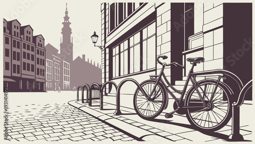 Bicycle parked on a city street with historic buildings.