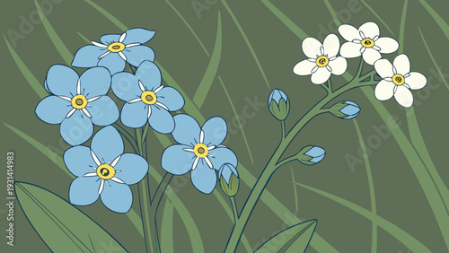 Vibrant Blue and White ForgetMeNots Blooming in a Lush Green Field.